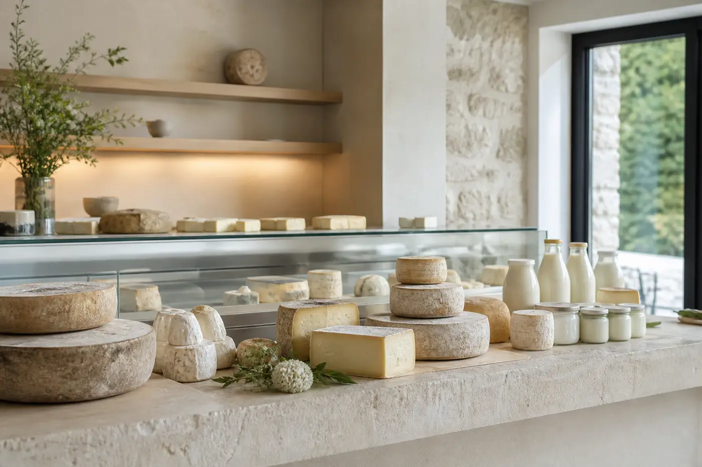 Fromages, lait et yaourts sur le comptoir d’une fromagerie