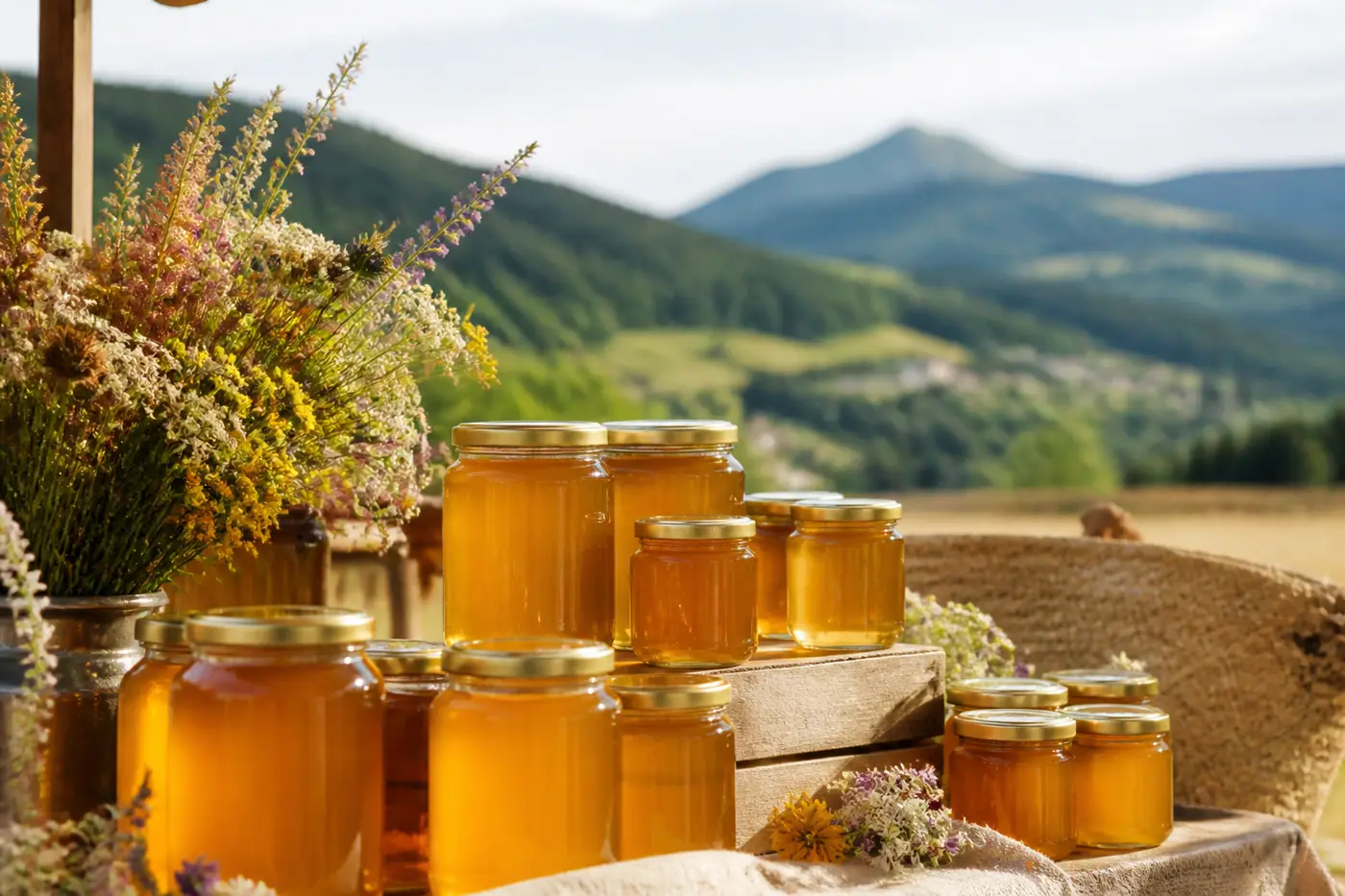 Pots de miel devant un paysage de collines